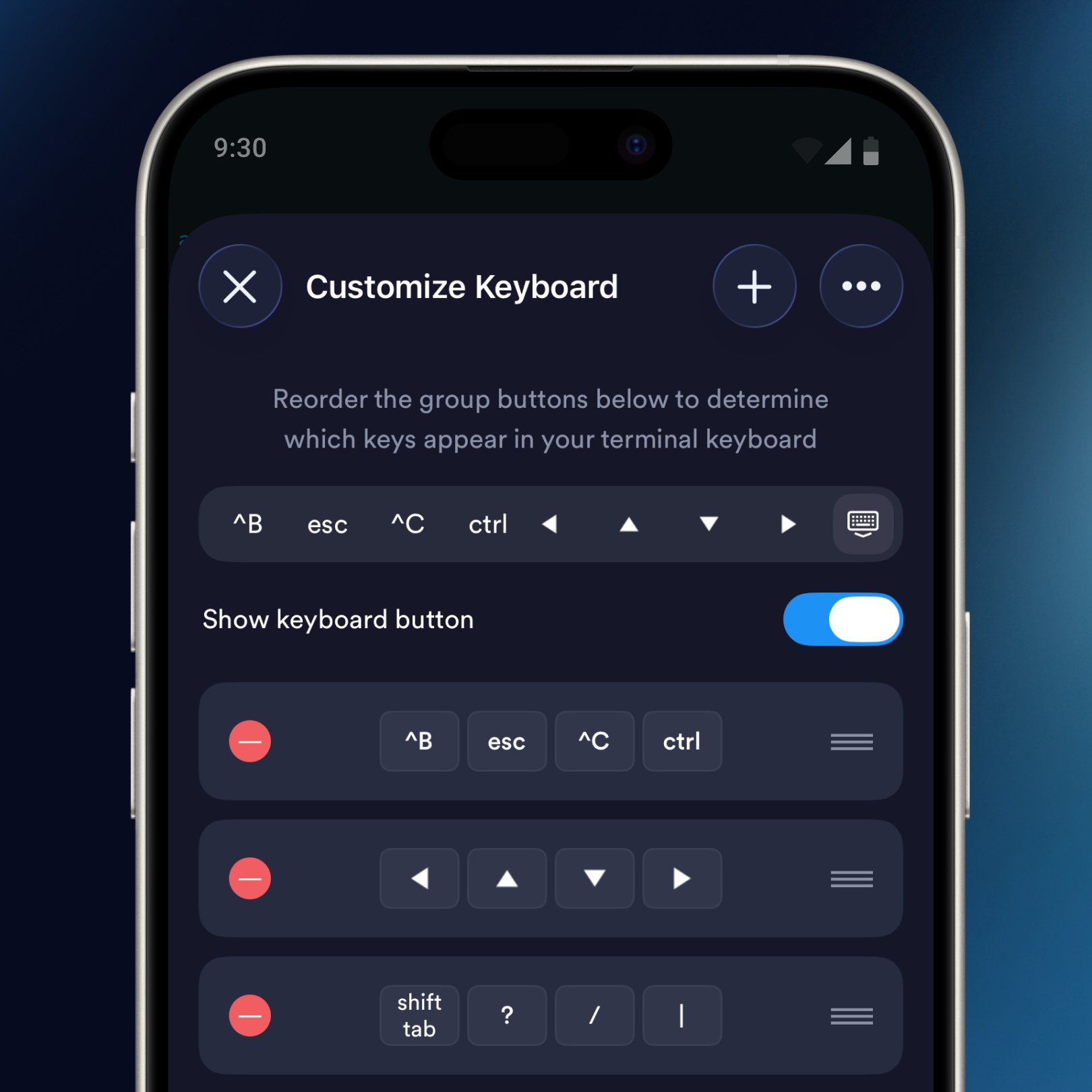 Termius 的 Customize Keyboard,三组键:prefix 与控制键、方向键,以及 shift-tab、问号、斜杠和竖线。
