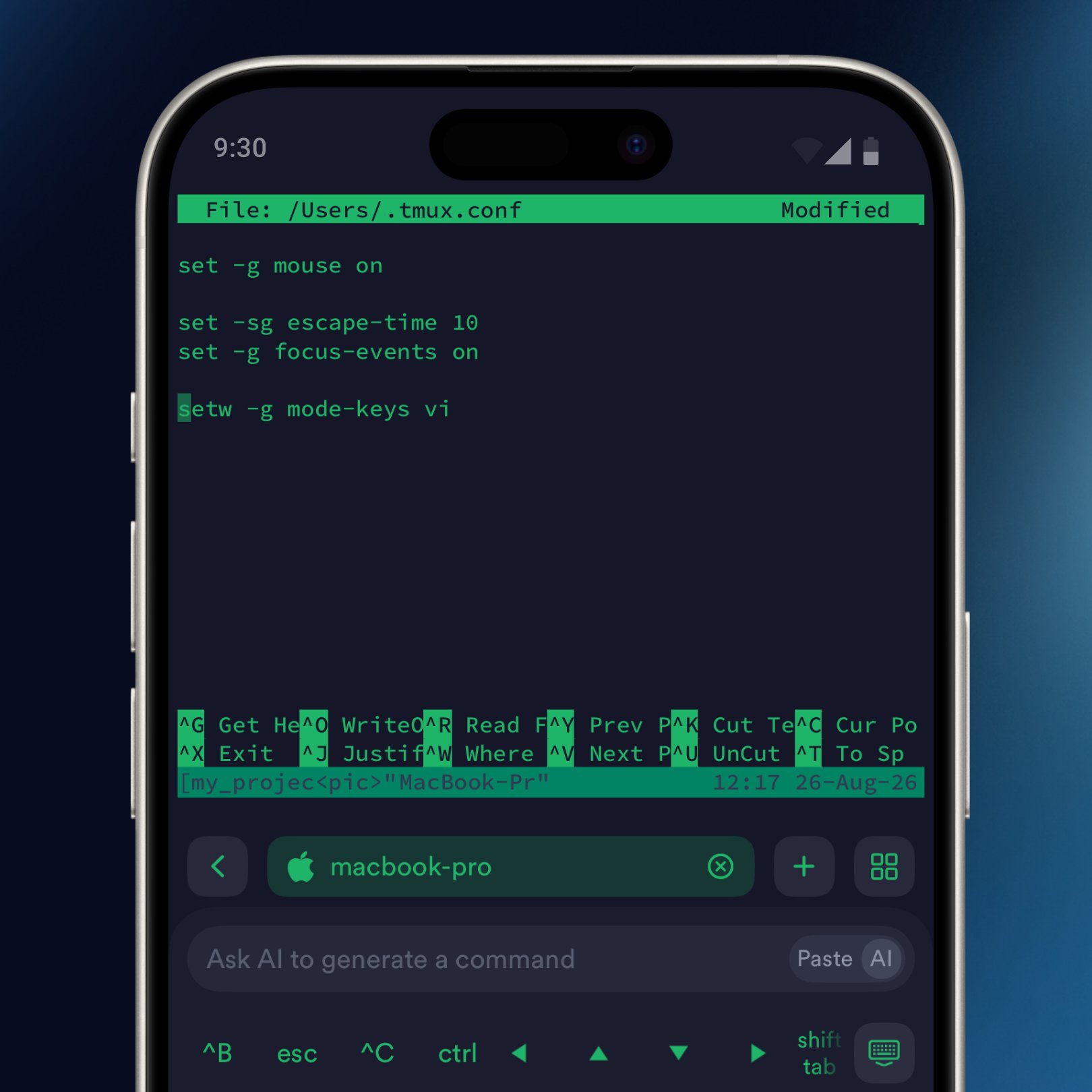 手机上的 Termius 用 nano 编辑 ~/.tmux.conf,已写入 mouse on、escape-time、focus-events 和 vi mode-keys。
